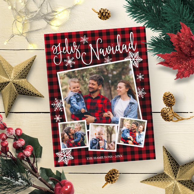 Feliz Navidad Snowflake Rustic 4 Photos Christmas Postcard (Creator Uploaded)