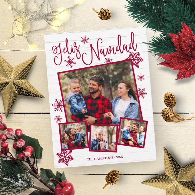 Feliz Navidad Snowflake Rustic 4 Photos Christmas Postcard (Creator Uploaded)