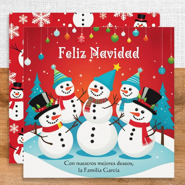 Feliz Navidad Snowmen Red Personalized Christmas Holiday Card (A Christmas card with snowmen picture, Spanish greeting 'Feliz Navidad' and your own custom message)