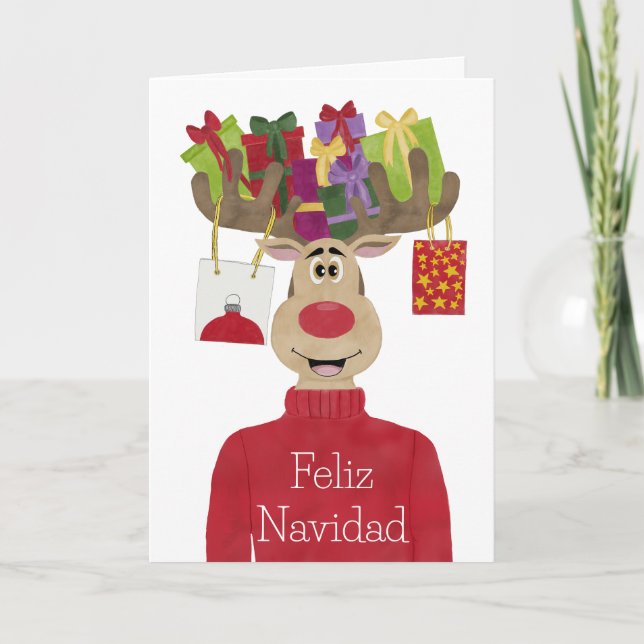 Feliz Navidad, Spanish Christmas Reindeer Holiday Card (Front)
