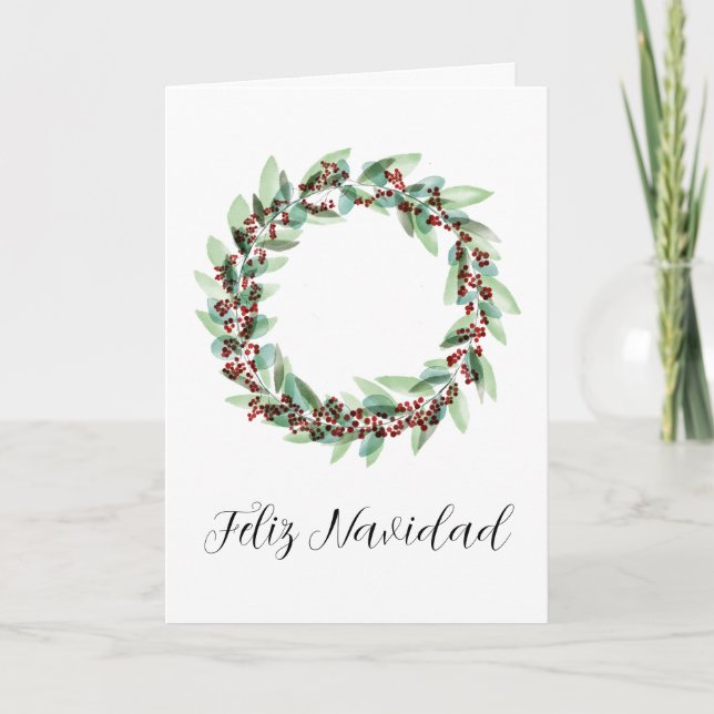 Feliz Navidad, Spanish Christmas wreath Holiday Card (Front)