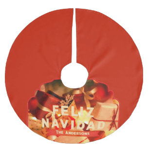 Feliz Navidad Spanish Red Gold Family Name Vintage Brushed Polyester Tree Skirt