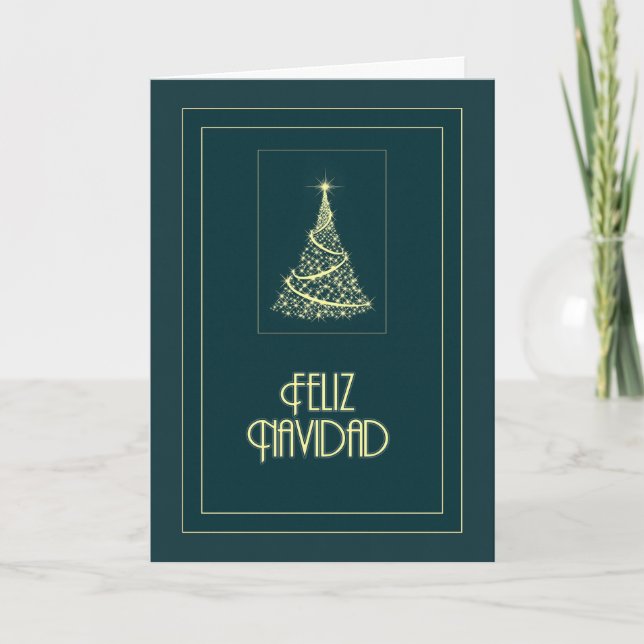 Feliz Navidad Sparkling Tree Holiday Card (Front)