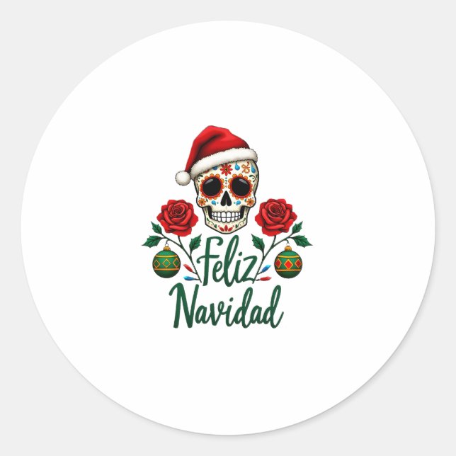 Feliz Navidad Sugar Skull Mexican Christmas T-Shir Classic Round Sticker (Front)