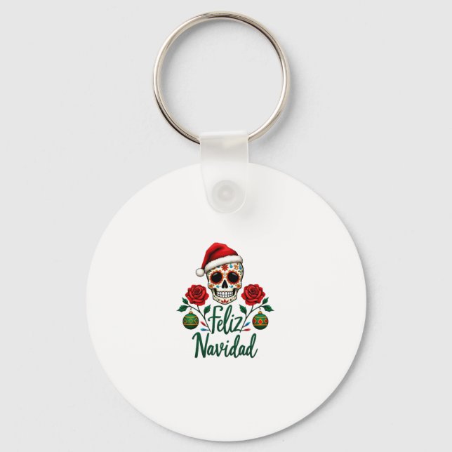 Feliz Navidad Sugar Skull Mexican Christmas T-Shir Keychain (Front)