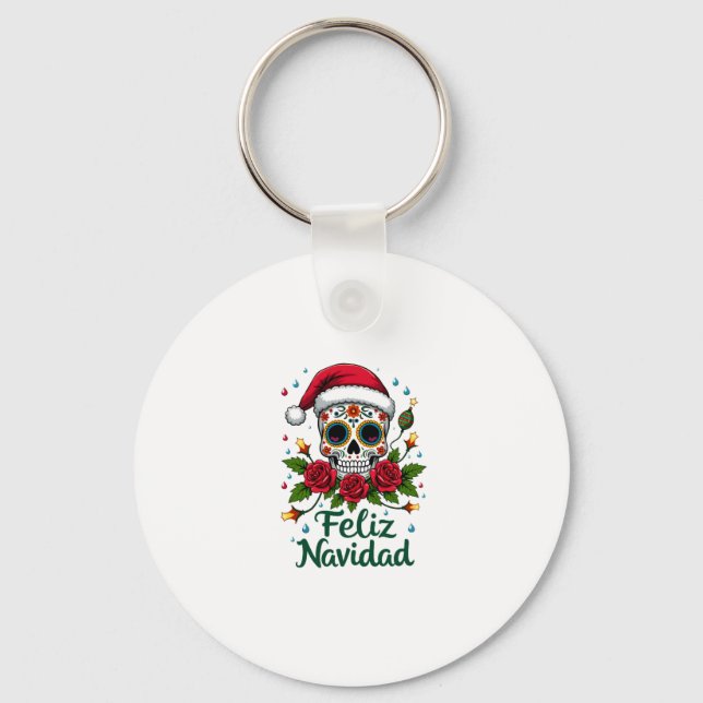 Feliz Navidad Sugar Skull Mexican Christmas T-Shir Keychain (Front)