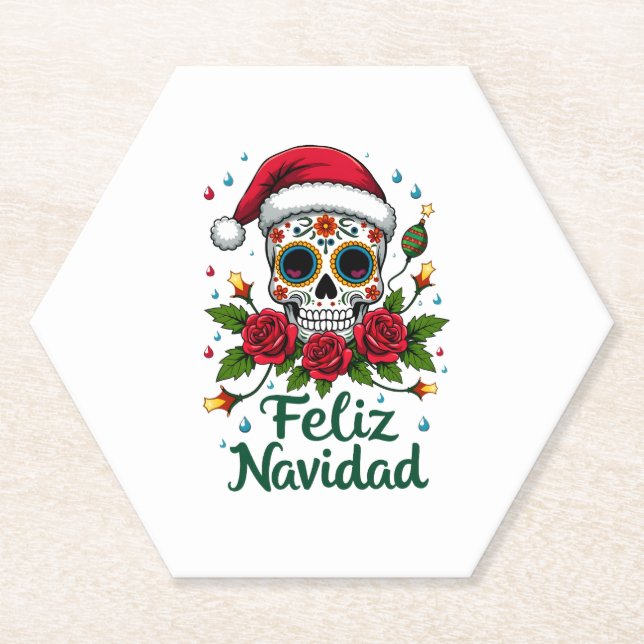 Feliz Navidad Sugar Skull Mexican Christmas T-Shir Paper Coaster (Front)