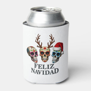 Feliz Navidad Sugar Skulls Reindeer Santa Mexican Can Cooler