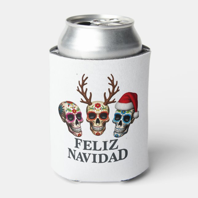 Feliz Navidad Sugar Skulls Reindeer Santa Mexican  Can Cooler (Can Front)