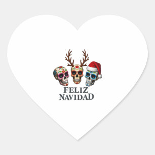 Feliz Navidad Sugar Skulls Reindeer Santa Mexican  Heart Sticker