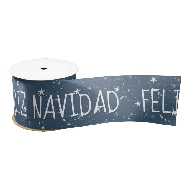 FELIZ NAVIDAD Text With Stars Satin Ribbon (Spool)