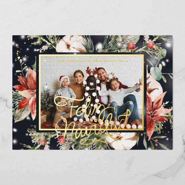Feliz Navidad | Watercolor Poinsettia Photo Card (Front)