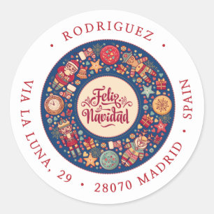 Feliz Navidad Wreath Return Address Classic Round Sticker