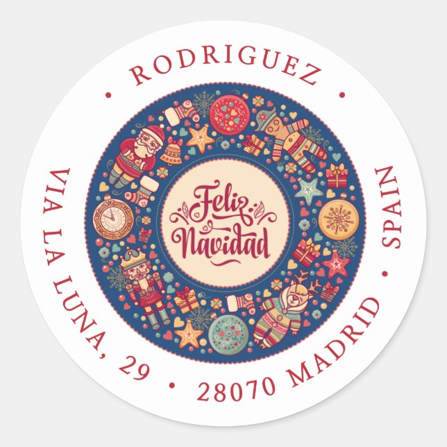 Feliz Navidad Wreath Return Address Classic Round Sticker (Front)