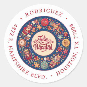 Feliz Navidad Wreath Return Address Classic Round Sticker