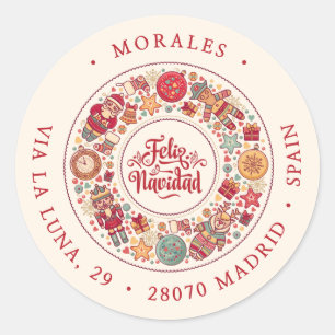 Feliz Navidad Wreath Spanish Red Return Address Classic Round Sticker