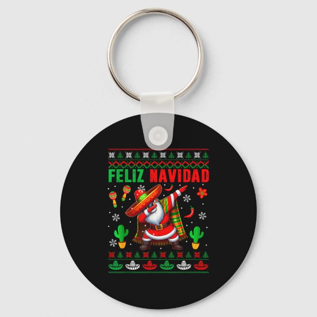 Feliz Navidad Xmas Sweater Santa Sombrero Dabbing  Keychain (Front)