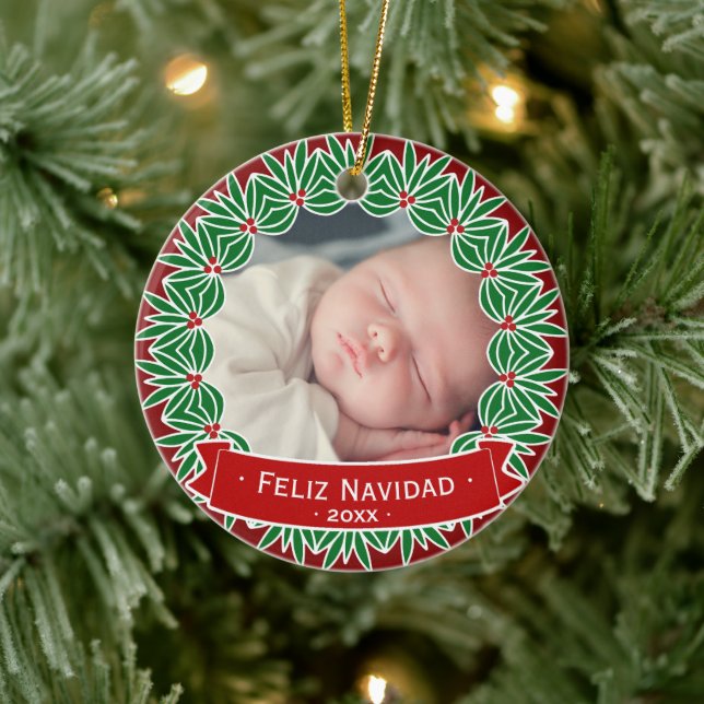 Feliz Navidad  | Your Photo Festive Red & Green Ceramic Ornament (Tree)