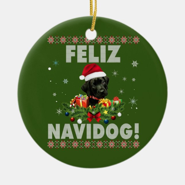 Feliz Navidog Black Labrador Dog Ugly Sweater Ceramic Ornament (Front)