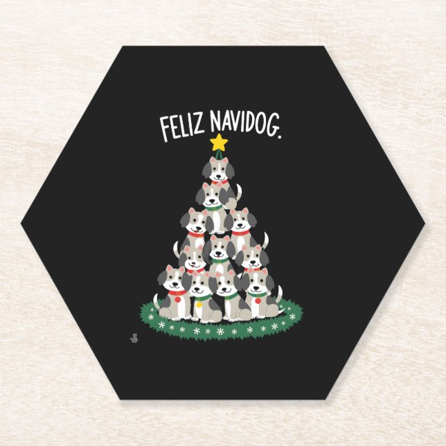 Feliz Navidog Christmas Dog T-Shirt, Funny Cute Xm Paper Coaster (Front)