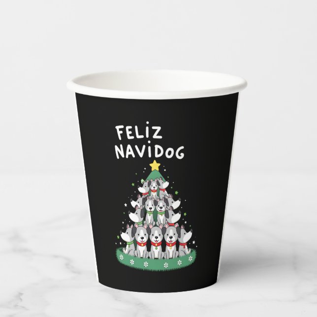 Feliz Navidog Christmas Dog T-Shirt, Funny Cute Xm Paper Cups (Front)
