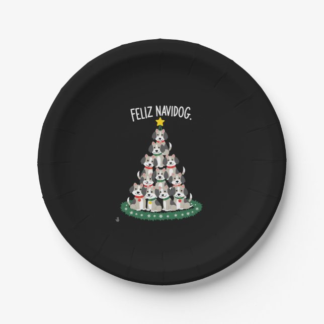 Feliz Navidog Christmas Dog T-Shirt, Funny Cute Xm Paper Plate (Front)