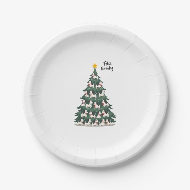 Feliz Navidog Christmas Dog T-Shirt, Funny Cute Xm Paper Plate (Front)