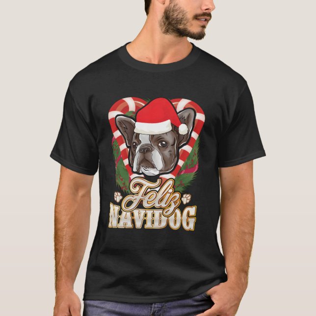 Feliz Navidog French Bulldog With Santa Claus Hat  T-Shirt (Front)