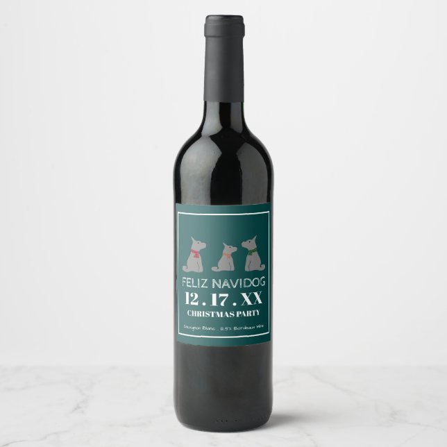 Feliz Navidog, Spanish Style Christmas Wine Label (Front)