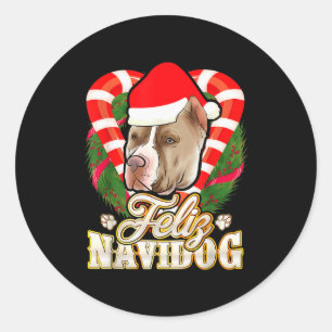 Feliz Navidog Tbull With Santa Claus Hat Ttie Chri Classic Round Sticker