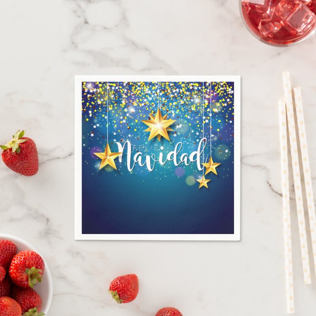 Felize Navidad Gold Stars Christmas Cocktail Napkin (Insitu)