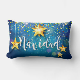 Felize Navidad Gold Stars Christmas Lumbar Pillow