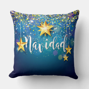 Felize Navidad Gold Stars Christmas Throw Pillow