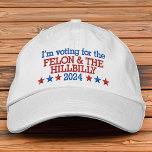 Felon and Hillbilly Funny Trump Vance 2024 Embroidered Hat<br><div class="desc">Trump Vance 2024 funny quote. Donald Trump 2024, I'm voting for the convicted felon and the hillbilly. . Funny meme quote hat for the JD Vance and Trump supporter dad, husband, friend or anyone makes a bold statement. Trump 2024 with red white and blue stars on a classic hat with...</div>