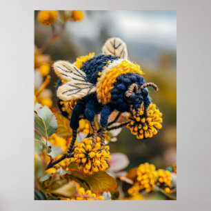 Felt Bumblebee on Blooming Flowers Poster