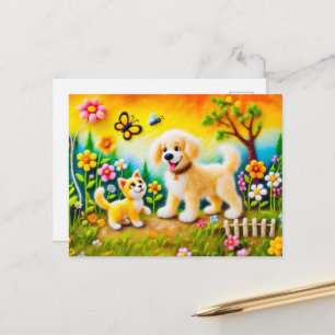 Felt Dog and Cat in Golden Sunset Garden Postcard