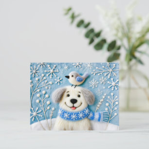 Felt Dog in Snow with Scarf and Bird Postcard