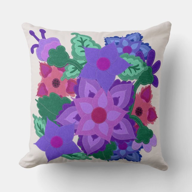 Felt Floral Motif | Faux Felt Boho Style Throw Pillow (Front)