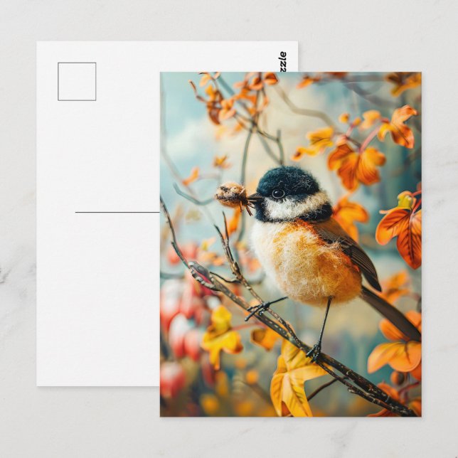 Felt Great Tit with Caterpillars in Autumn Bush Postcard (Front/Back)