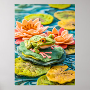 Felt Green Frog on Lily Pads in Pond Poster