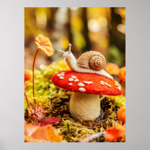 Felt Snail Crawling Over Fly Agaric Mushroom Poster