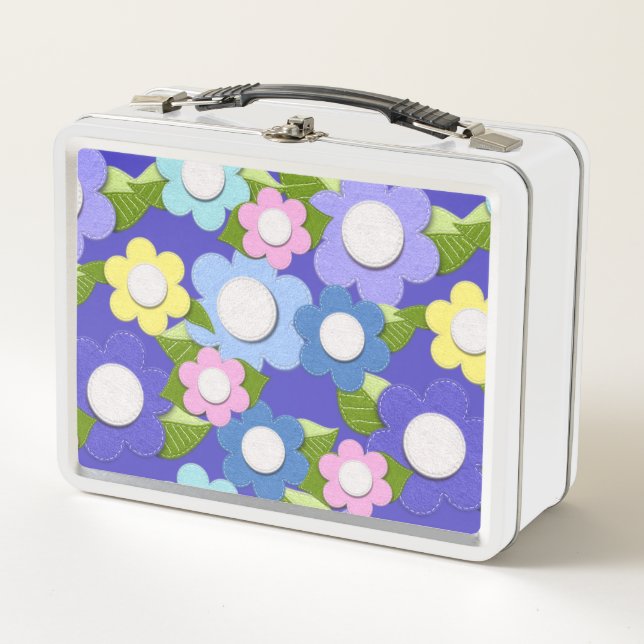 Felt Style Flowers With Stitching So Cute Metal Lunch Box (Front)