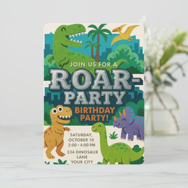 Felt Texture Jurassic Playground Dinosaur Birthday Invitation (Standing Front)