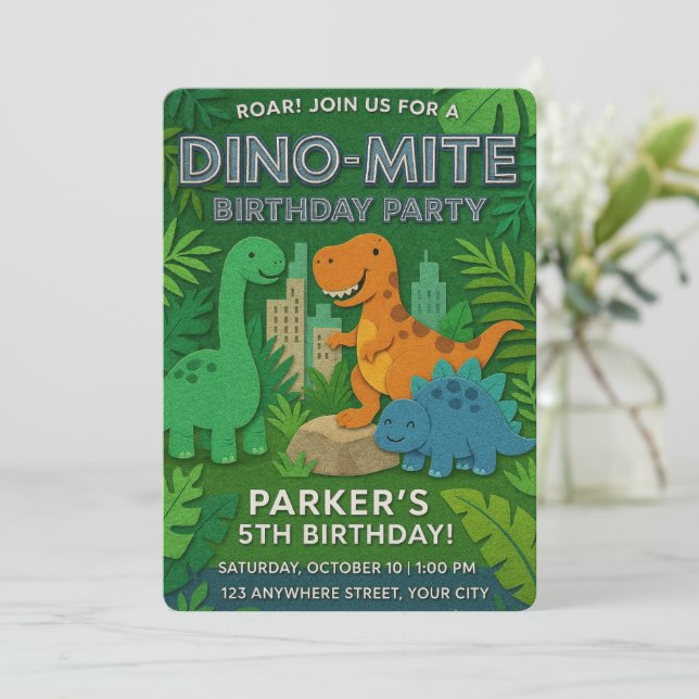 Felt Texture Jurassic Playground Dinosaur Birthday Invitation (Standing Front)