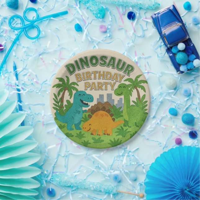 Felt Texture Jurassic Playground Dinosaur Birthday Paper Plate (Party)