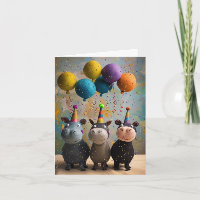 Felted Hippos Birthday Card with Balloons (Front)
