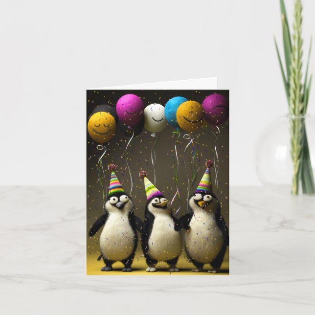 Felted Penguins Birthday Card with Balloons (Front)