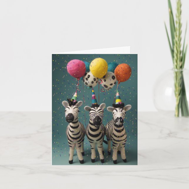 Felted Zebras Birthday Card with Balloons (Front)