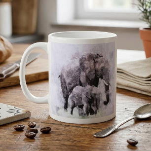 Female African Elephant with Calf Watercolor Coffee Mug
