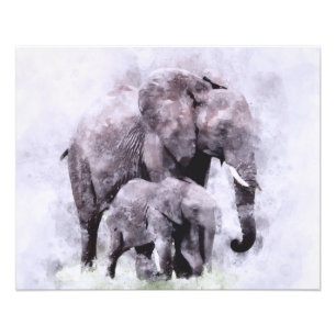 Female African Elephant with Calf Watercolor Photo Print